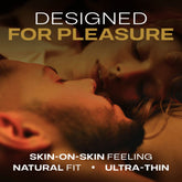 A close-up shot of a couple lying intimately with closed eyes is accompanied by the text "Designed for Pleasure." The image highlights features of the LifeStyles SKYN Supreme Ultra-Thin Non-Latex Condoms, which provide a skin-on-skin sensation, natural fit, and ultra-thin design to enhance intimacy.